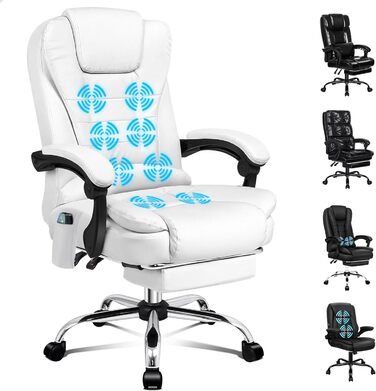 Офісне крісло ALFORDSON з ергономічною поперековою опорою, письмове крісло з підлокітниками та спинкою, обертове крісло з функцією масажу, матеріал PU, регульована висота, білий колір, штучна шкіра