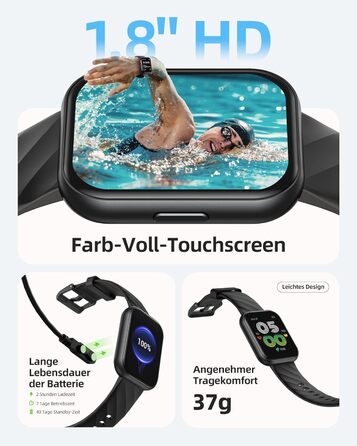 Розумний годинник Parsonver для жінок та чоловіків, водонепроникний плавальний годинник 5ATM, 1,8-дюймовий HD-екран для фітнесу з понад 100 спортивними режимами, відстеженням серцевого ритму та сну, розумний годинник для Android та iOS, чорний