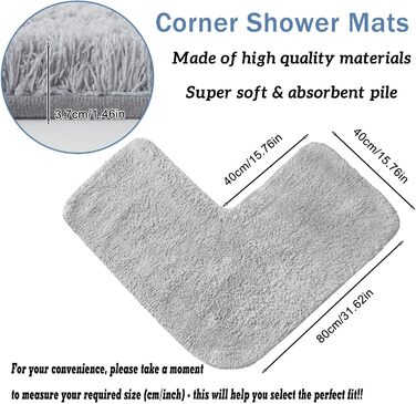 Кутовий килимок для душу Funvalley Surperfect L-подібний килимок для ванни з мікрофібри Надзвичайно мякий, ультрапоглинаючий та нековзний Підходить для кутових душових кабін Внутрішні розміри 80x80 см Ідеально підходить для підлоги у ванній кімнаті