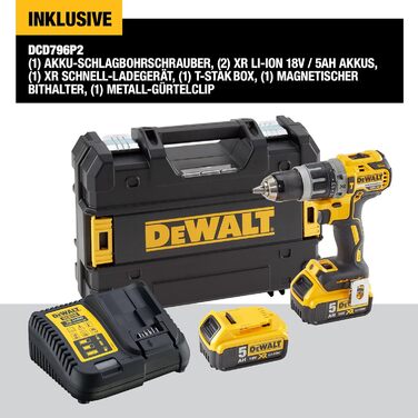 Акумуляторний ударний дриль Dewalt 18 В DCD796P2 (безщітковий двигун, 2-швидкісний суцільнометалевий редуктор, максимальний крутний момент 70 Нм, 15 рівнів крутного моменту, 2 літій-іонні акумулятори 18 В / 5 Ач та зарядний пристрій)