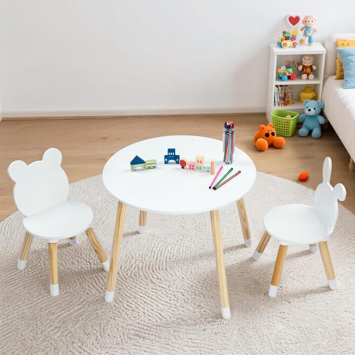 Дитячий стіл LEADZM з 2 стільцями, Дитячий комплект сидіння, Дитячий комплект сидіння, з сосновими ніжками, Дитячі меблі для дитячих кімнат та дитячих садків, Білий