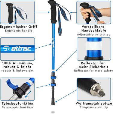 Трекінгові палиці ATTRAC Trilock, телескопічні, регульовані 65-137 см, алюмінієві суперлегкі, з додатком для тренувань і спорту, сріблясто-блакитні