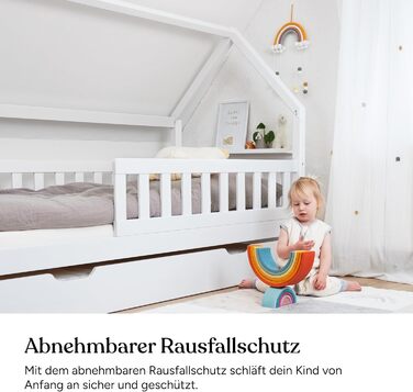 Ліжко Ehrenkind Lille House Дитяче ліжко зі знімними захисними поручнями з масиву дерева, сертифіковане FSC, включаючи шухляди Ліжко House 90x200 Дитяче ліжко 90x200 Біле 90 x 200 см з шухлядами