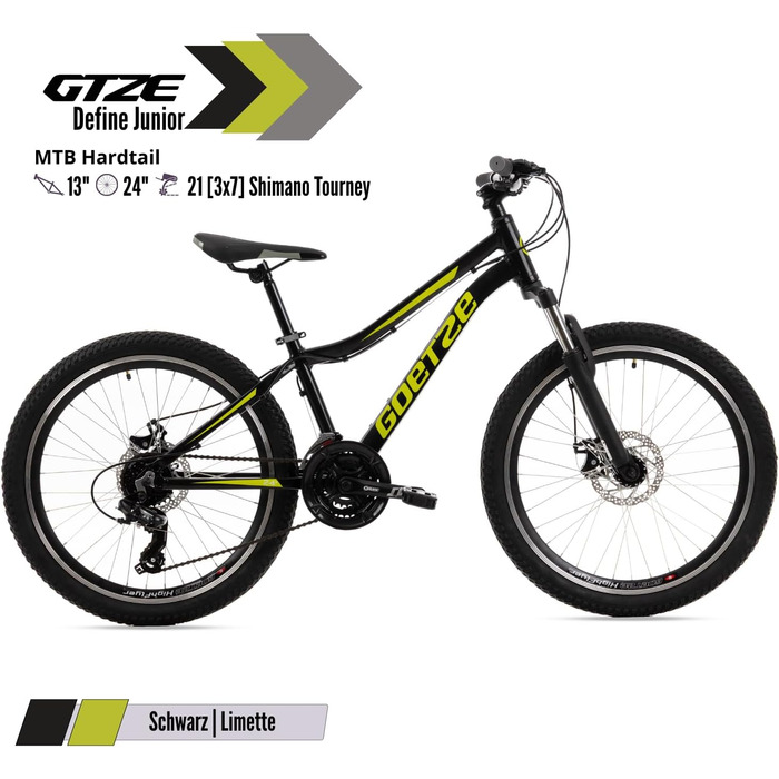 Дитячий гірський велосипед Goetze Define Junior 24 дюйми Перемикач швидкостей на 21 швидкість Алюмінієва рама Амортизаційна вилка Передні та задні дискові гальма Для віку 814 років 90 попередньо зібраний Чорний Лаймовий