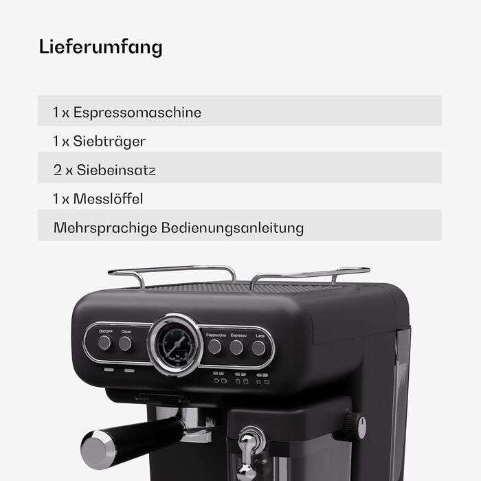 Кавоварка Klarstein Espresso Portafilter з піноутворювачем, міні-еспресо-машина 1.2 л з портафільтром, кавомашина потужністю 1350 Вт маленька кавоварка з нержавіючої сталі для капучино, латте та макіато Black Espressionata evo milk