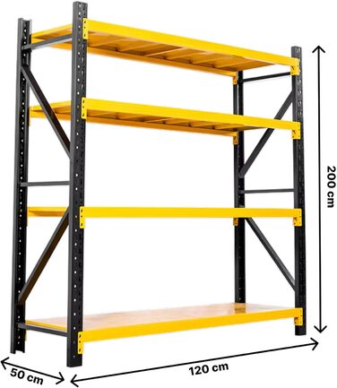 Міцний стелаж 200x120x50 см, навантаження на полицю 100 кг на рівень та загальна вантажопідйомність 400 кг, гаражні стелажі, підвальні стелажі, стелажі для зберігання, широкопролітний стелаж глибиною 50 см