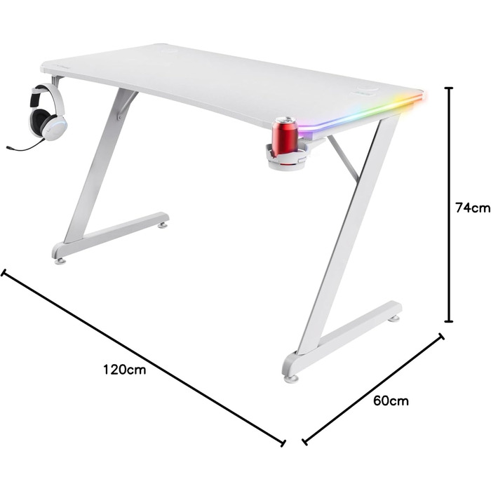 Ігровий стіл Trust Gaming GXT 709W Luminus RGB зі світлодіодним підсвічуванням, 10 режимами, живленням від USB, білий ігровий стіл з гарнітурою та підставкою для чашок, 120 x 60 см, комп&39ютерний стіл для офісу, геймерський 120 x 60 см - RGB білий