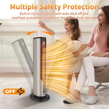 Енергозберігаючий вентилятор-обігрівач, низьке енергоспоживання 2000 Вт, тихий керамічний нагрівальний елемент 60 см, захист від перегріву та перекидання, коливання 70, 3 режими, 12-годинний таймер