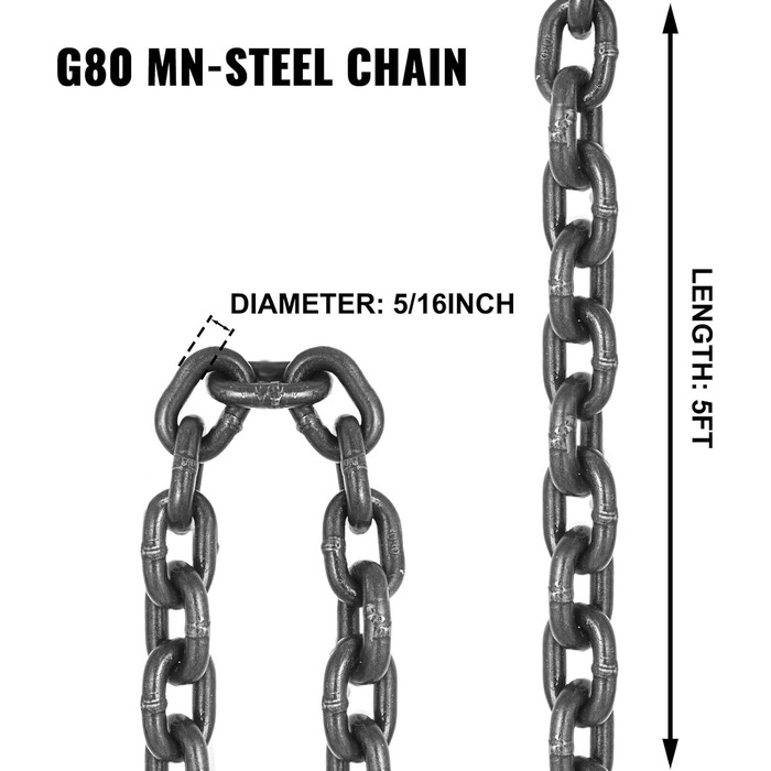 Ланцюговий строп VEVOR Ланцюговий строп Ланцюг зі сталі G80 Mn 8 мм х 1,5 м з 4 ланцюговими корінцями Кранові підвіски Клас якості гака Clevis (1,5 м з вантажопідйомністю 5 т) для машин, заводів, складів, гаражів
