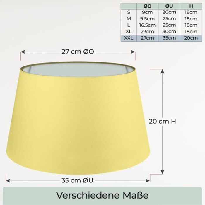 Абажур Wogati Premium E14/E27 Бавовна різні розміри та кольори Колір /Розмір XL Абажур Торшер абажур підвісний світильник абажур для настільної лампи (жовтий, XXL ØU 35 см ØO 27 см H 20 см)