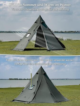 Намет TOMOUNT, бавовняний індіанський намет, високий коник 2,8 м, для 6-8 осіб, пірамідальний намет з отвором для плити, 4-сезонний кемпінговий намет для активного відпочинку, кемпінгу, пішого туризму, трекінгу, зелений