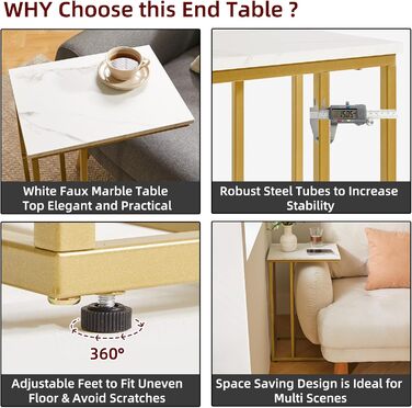 Комплект із 2 приставних столиків для вітальні, приліжковий столик, столик для ноутбука, приставний столик до дивана, підходить для спальні, вітальні, дерев&39яні дошки кольору білого мармуру із золотим металевим каркасом, YD-TM051G-2 2 білі мармурові та 
