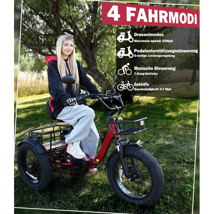 Електричний триколісний велосипед NOMOGO для дорослих, алюмінієвий складаний електровелосипед, акумулятор 48 В 15,6 Аг, 7-швидкісний електровелосипед, швидкість 25 км/год та запас ходу 90-110 км, товсті шини 20x4, передня частина та диференціал, комплексн