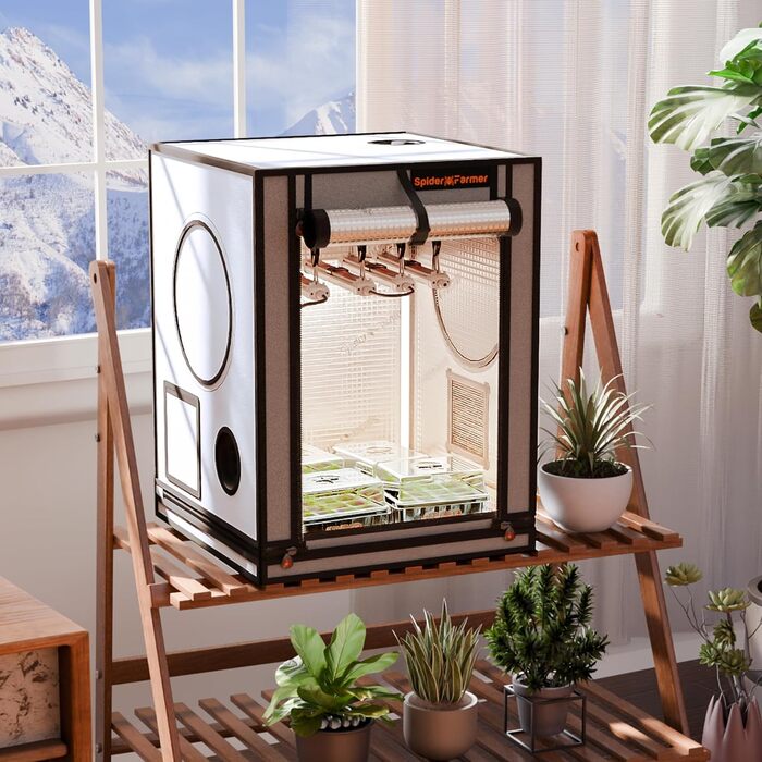 Тент для вирощування Spider Farmer Kleines 60x60x80 см для AeroGarden з дверцятами на блискавці, оглядовим вікном, знімним піддоном, світловідбиваючою плівкою Mylar 2000D, для гідропонної системи SmartG12. Білий, 60x60x80 см