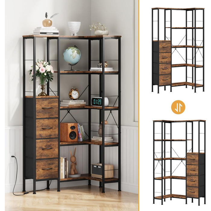 Ярусна кутова полиця, стояча, зі світлодіодним освітленням та 4 шухлядами, полиця, книжкова шафа, кухонна полиця, полиці, кутова шафа, для вітальні, спальні, офісу, кухні, вінтажний коричневий, 5-