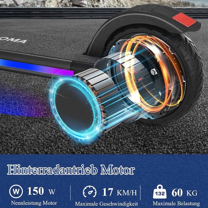 Електросамокат Caroma для дітей віком 8-12 років, двигун 180 Вт, 16 км/год, час їзди 60 хв, регульована швидкість та висота, різнокольорове підсвічування, світлодіодний дисплей, складаний дитячий електросамокат, новий чорний