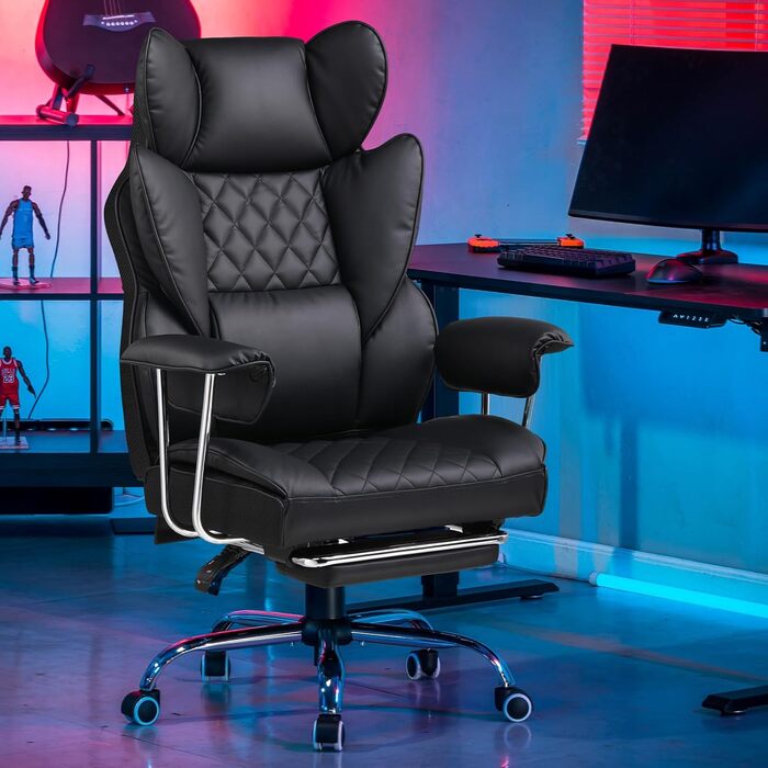 Ігрове крісло GTPLAYER, офісне крісло з пружинною опорою для попереку, ергономічне та зручне широке офісне комп&39ютерне крісло з м&39якими підлокітниками та підставкою для ніг, що фіксуються назовні, шкіра чорного кольору, чорна штучна шкіра