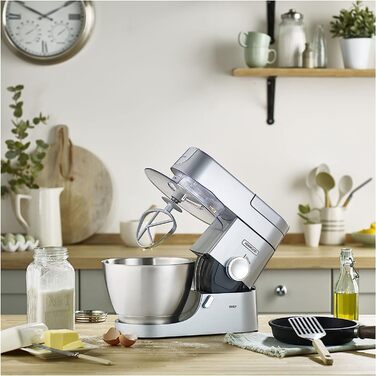 Кухонний комбайн Kenwood Chef KVC3110S, чаша для змішування з нержавіючої сталі 4,6 л, система безпеки з блокуванням, металевий корпус, 1000 Вт, включаючи набір для кондитерських виробів із 3 предметів і насадку для акрилового блендера, срібло