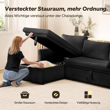 Кутовий диван з функцією сну, вельветова оббивка, L-подібний розкладний диван, розкладний диван, висувний диван з місцем для зберігання речей, двосторонній шезлонг (лівий та правий), чорний
