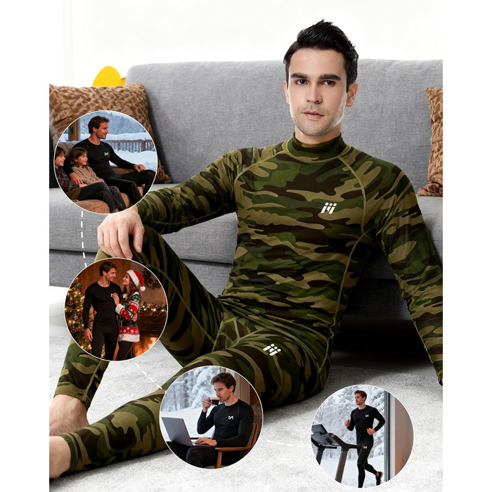 Термобілизна MEETYOO, 2 шт., чоловіча, термобілизна, лижна та функціональна, дихаюча, відводить піт, ідеально підходить для зими та спорту, 2 шт. - синій камуфляжний візерунок, розмір L