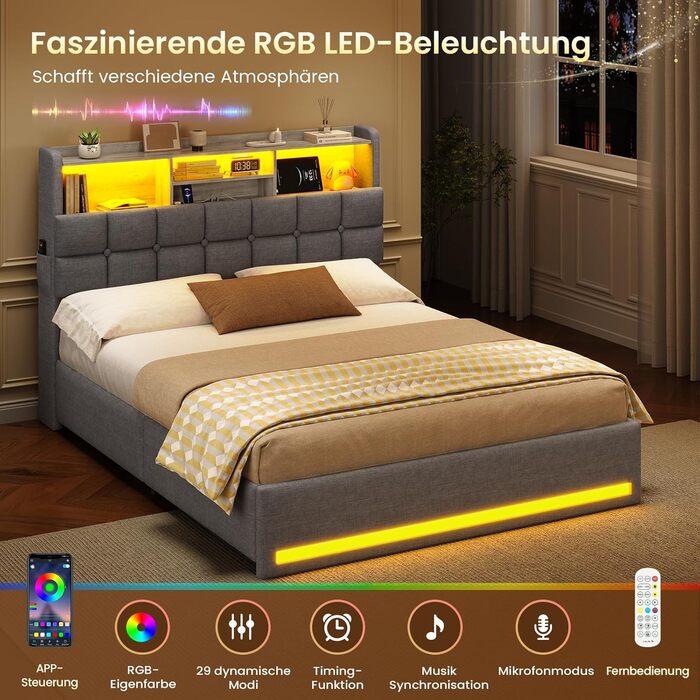 М&39яке ліжко 140200 см Гідравлічне ліжко з відсіком для зберігання речей та світлодіодним освітленням Дитяче ліжко з портами USB та Type-C Двоспальне ліжко Каркас ліжка з дерев&39яними ламелями, лляна тканина, без матраца (Темно-сірий, 140x200 см) 140x20