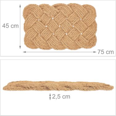 Килимок для дверей Relaxdays Coconut, з вузлуватим візерунком, 75 x 45 см, ручної роботи, двосторонній, натуральний