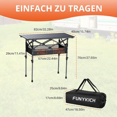 Складаний кемпінговий стіл FUNYKICH 82 x 40 см, Складаний стіл з 2 регулюваннями висоти (44/70 см), Легке складання, Портативний складаний стіл із сітчастою сумкою, Алюмінієва згортальна стільниця для барбекю, кемпінгу, вечірки, саду, 82 x 40 x 44/70 см