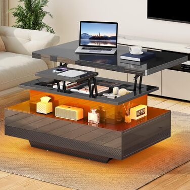 Журнальний столик з регульованою висотою, глянцевий стіл для вітальні з 2 шухлядами та світлодіодним освітленням, журнальні столики з прихованим відділенням для зберігання, трансформується в обідній стіл, чорний