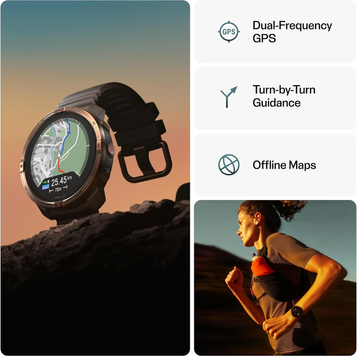 Мультиспортивний GPS-годинник для активного відпочинку Polar Grit X2 AMOLED-дисплей, офлайн-карти, двочастотний GPS, ЕКГ на зап&39ястку, біосенсори Elixir, TrainingPeaks, SpO2, час роботи від батареї до 7 днів, колір Night Black