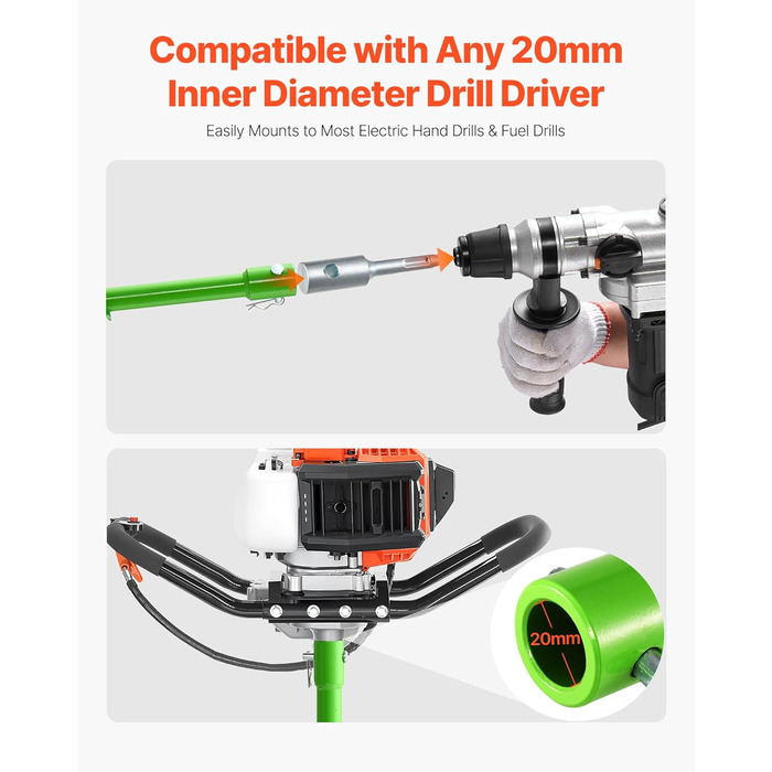 Бур для земляного буріння, діаметр 40x790 мм, садовий бур, сумісний з дрелями з внутрішнім діаметром 20 мм, бур для стовпів, бур для прокладання комунікацій, інструмент для копання для посадки та буріння