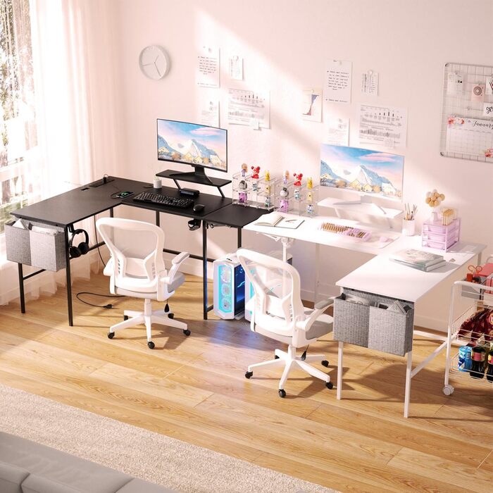 Ігровий стіл із розумним світлодіодним освітленням, L-подібний стіл із подовжувачем для домашнього офісу, кутовий стіл 120-150 см з розеткою, сумка для зберігання, підставка для монітора, білий