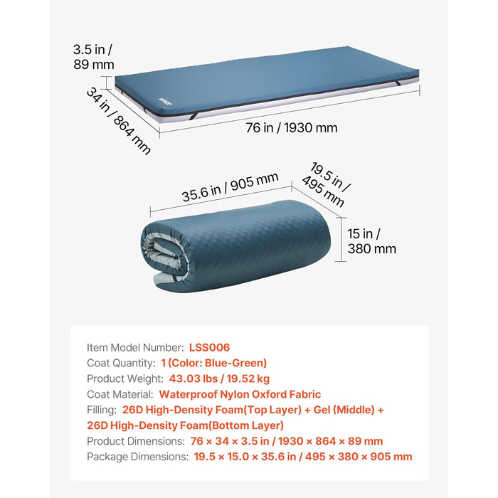 Матрац VEVOR Care, вантажопідйомність 136 кг, медичний двошаровий пінопластовий матрац, водонепроникний, для лікування пролежнів у будинках для людей похилого віку та догляду вдома, 1930x864x89 мм