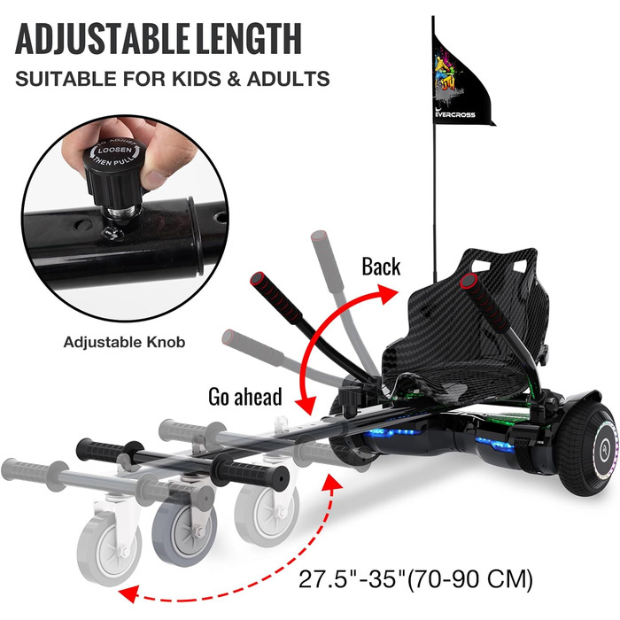 Гіроскутери EVERCROSS EV2 із сидінням – акумулятор 5,2 Аг, 15 км/год, музика через Bluetooth, 7-кольорове підсвічування педалей, вантажопідйомність 85 кг, з ховеркартом для дітей, підлітків та дорослих