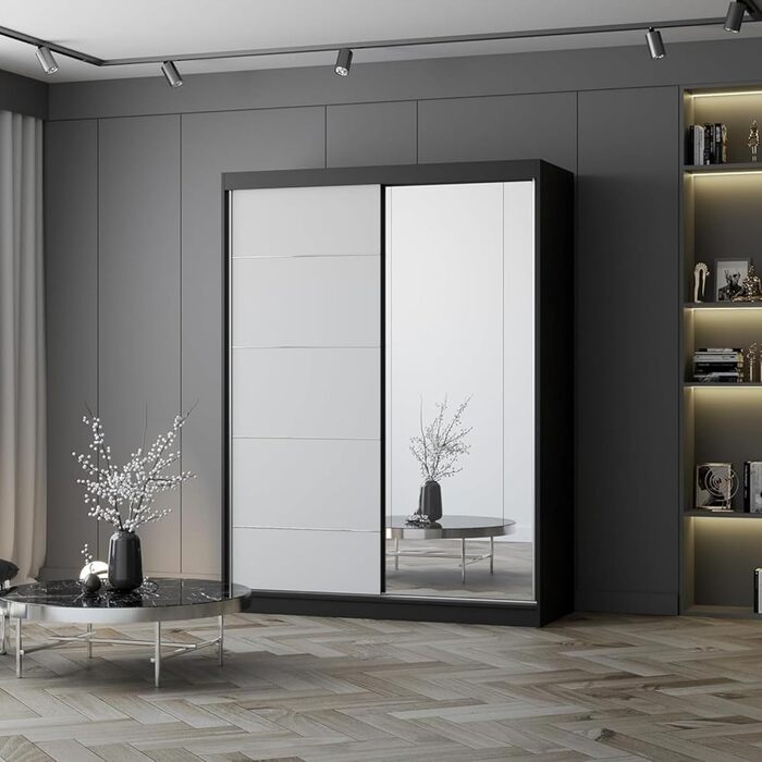 Шафа з дзеркалом, розсувні двері - Шафа з розсувними дверима, шафа для спальні - 61 x 150 x 200 см - Шафа для спальні, гардеробної, шафа - чорний, білий