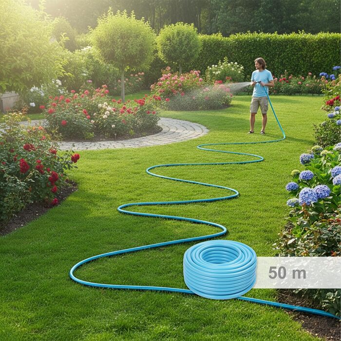 Шланг садовий Relaxdays, на вибір довжини, універсальний водопровідний шланг 1/2, стійкий до УФ-випромінювання та погодних умов, PP, світло-блакитний, 50 м