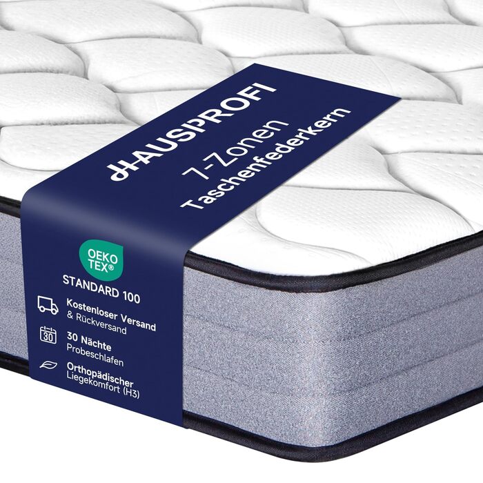 Матрац HAUSPROFI з 7-зонними пружинами Pocket Spring 90x200 см H3 Ортопедичний гібридний матрац з 1000 пружинами та піною з ефектом пам&39яті Сертифікований Oeko-TEX, повітропроникний та точково-еластичний 30-денний пробний період Висота 20 см H3 90 x 200