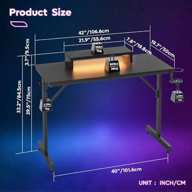 Комп&39ютерний стіл Bestier Small Gaming Desk 106,6 см зі світлодіодною підсвіткою та підставкою для монітора, ігрова робоча станція з підсклянником та гачком для гарнітури для домашнього офісу, спальні, невеликих кімнат, чорний