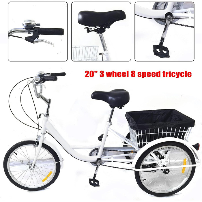 Триколісний велосипед для дорослих, 20-футовий триколісний велосипед для дорослих з кошиком для покупок, 8-швидкісний 3-колісний міський велосипед для всіх типів дорожніх покриттів