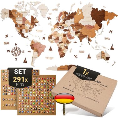 Преміальна 3D дерев&39яна карта світу настінна прикраса німецькою мовою зі шпильками Кріплення на стіну без інструментів Ідея подарунка на будь-яку подію Дерев&39яна настінна прикраса для дому та офісу (колір дерева, 160x85 см) 160Д x 85Ш см, колір дерева