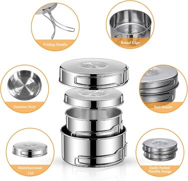 Набір посуду для кемпінгу, відкритий, 2-3 особи, горщик з нержавіючої сталі з посудом, каструля, складна кемпінгова посудина, тарілка для пікніка, походів, кемпінгу, походів, срібного кольору