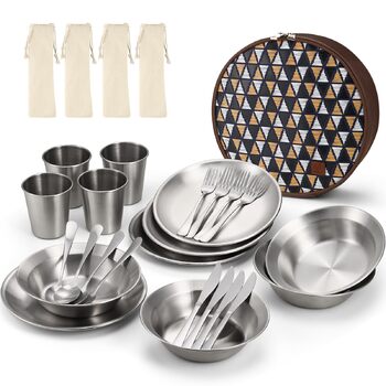 Набір столових приборів Odoland для кемпінгу, 25-предметний набір посуду з нержавіючої сталі з футляром, ножі, виделки, ложки, тарілки, кавові кружки, ідеально підходить для 4 осіб, для подорожей на природі, походів, кемпінгу