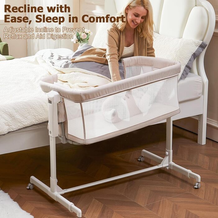 Дитяча колиска 3-в-1 &quotПоруч зі мною&quot для новонароджених, ліжко-гойдалка з бічним ліжком, дихаючою сіткою та безшумними поворотними колесами на 360 з фіксатором, регульована на 6 рівнів висоти, вівсянка