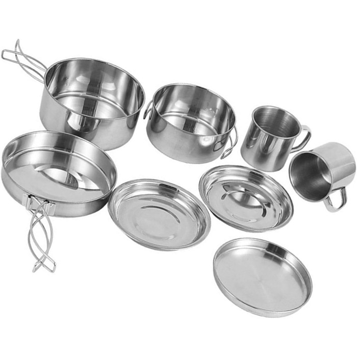 Набір посуду з нержавіючої сталі 8 предметів для кемпінгу та відпочинку на природі, портативний набір мисок та тарілок для пікніка Легкий кухонний набір з харчової нержавіючої сталі для піших прогулянок, подорожей з рюкзаком, подорожей та барбекю