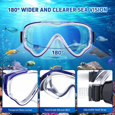 Набір для дитячого підводного плавання з ластами, панорамною маскою для дайвінгу з захистом від запотівання 180, регульованими ластами та преміальною сухою трубкою, набір для дитячого підводного плавання 3-в-1 з сумкою для перенесення L/XL (31-36) синього