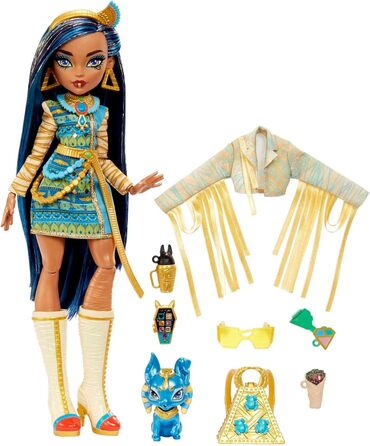 Лялька Monster High Cleo de Nile, Модна лялька-мумія, Королівський костюм, Чоботи-вбивці, Рюкзак-піраміда, Аксесуари, для дітей віком від 4 років, HHK54