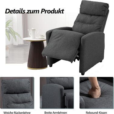 Крісло-реклайнер Mingone з функцією відкидання, сучасне тонке крісло-гойдалку з функцією відкидання на 155, витримує вагу до 150 кг, виготовлене з лляної тканини, темно-сірий колір