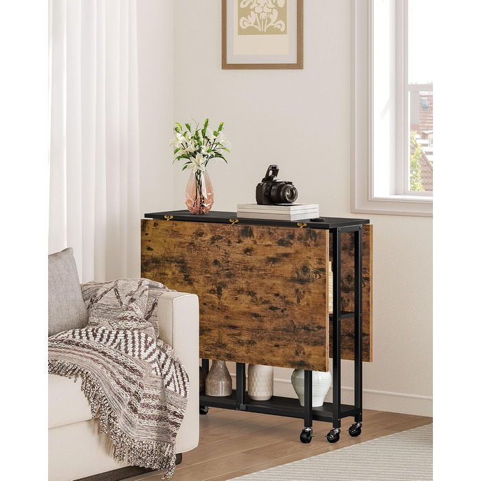 Розкладний обідній стіл, кухонний стіл, мобільний стіл, розкладний стіл з 6 коліщатками, що блокуються, та 2 полицями, для кухні, вітальні, квартири, сільський коричневий та чорний DTCZ01BF Рустикальний коричневий, чорний