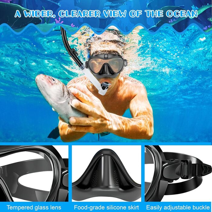 Набір для сноркелінгу, Набір для сноркелінгу для дорослих, Маска для сноркелінгу, Маска для сноркелінгу для дорослих, Маска для дайвінгу, Окуляри для дайвінгу з трубкою, Окуляри для дайвінгу для дорослих з трубкою, Чорний