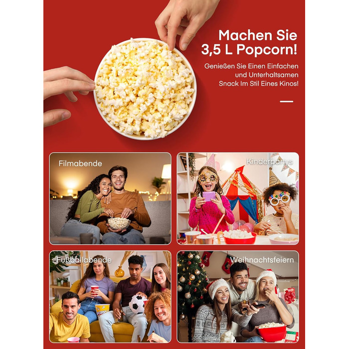 Машина для приготування попкорну HOUSNAT Гаряче повітря - Ретро маленька машина для приготування попкорну - Знежирена безолійна та здорова закуска Mas - Машина для приготування попкорну 1200 Вт для дому - Ніч кіно та Різдво - Червоний