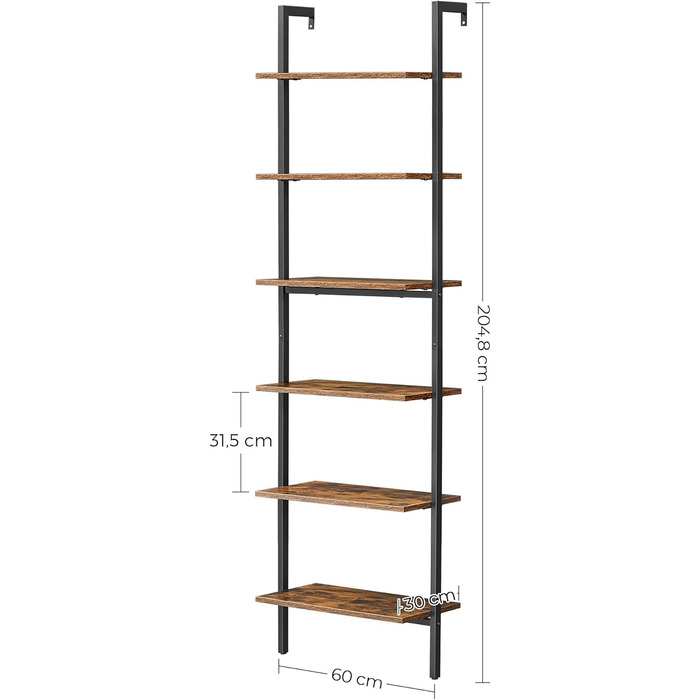 Полиця для книг, 6 полиць, полиця-драбина, місце для зберігання книг, декор, спальня, вітальня, офіс, 30 x 60 x 204,8 см, промисловий дизайн, вінтажний коричнево-чорний LLS103B01